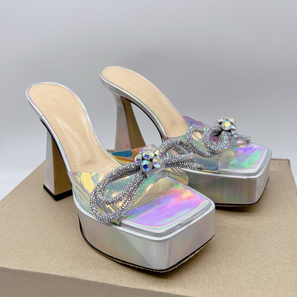 Mach & Mach Double Bow Platform Heels Sandals Silver Iridescent EU 38.5 US 8.5
